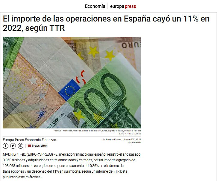 El importe de las operaciones en Espaa cay un 11% en 2022, segn TTR